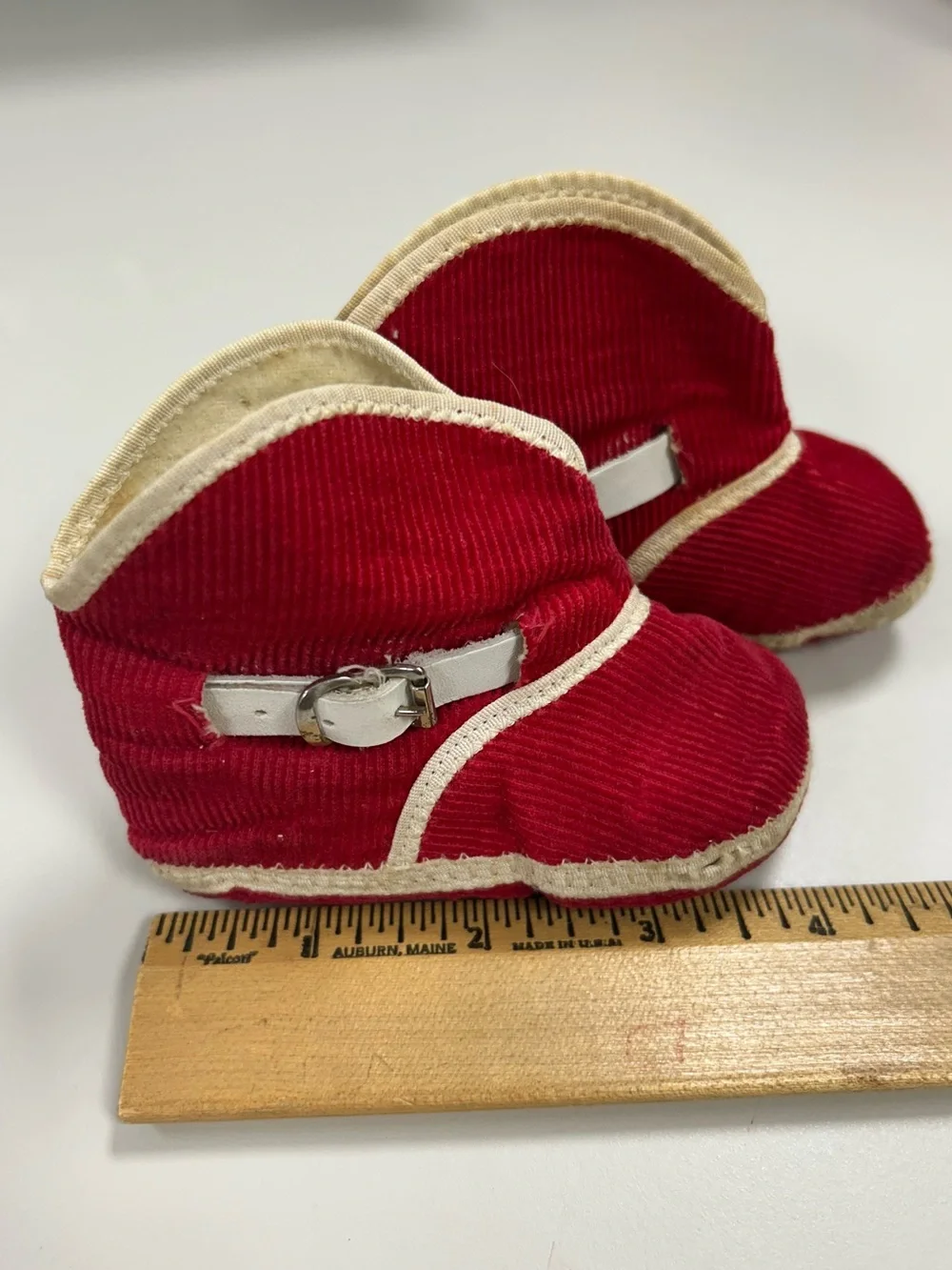 Vintage Corduroy Baby Crib Shoes with Cream Trim Leather Buckles